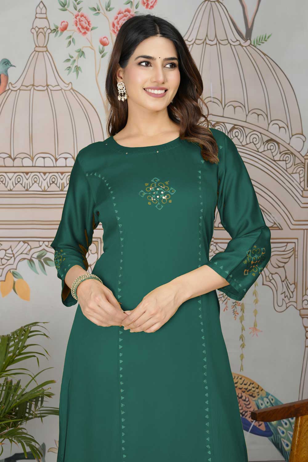 Green Color Gaji Silk Fabric Beauteous Readymade Pocket Inside Kurti Bottom Set