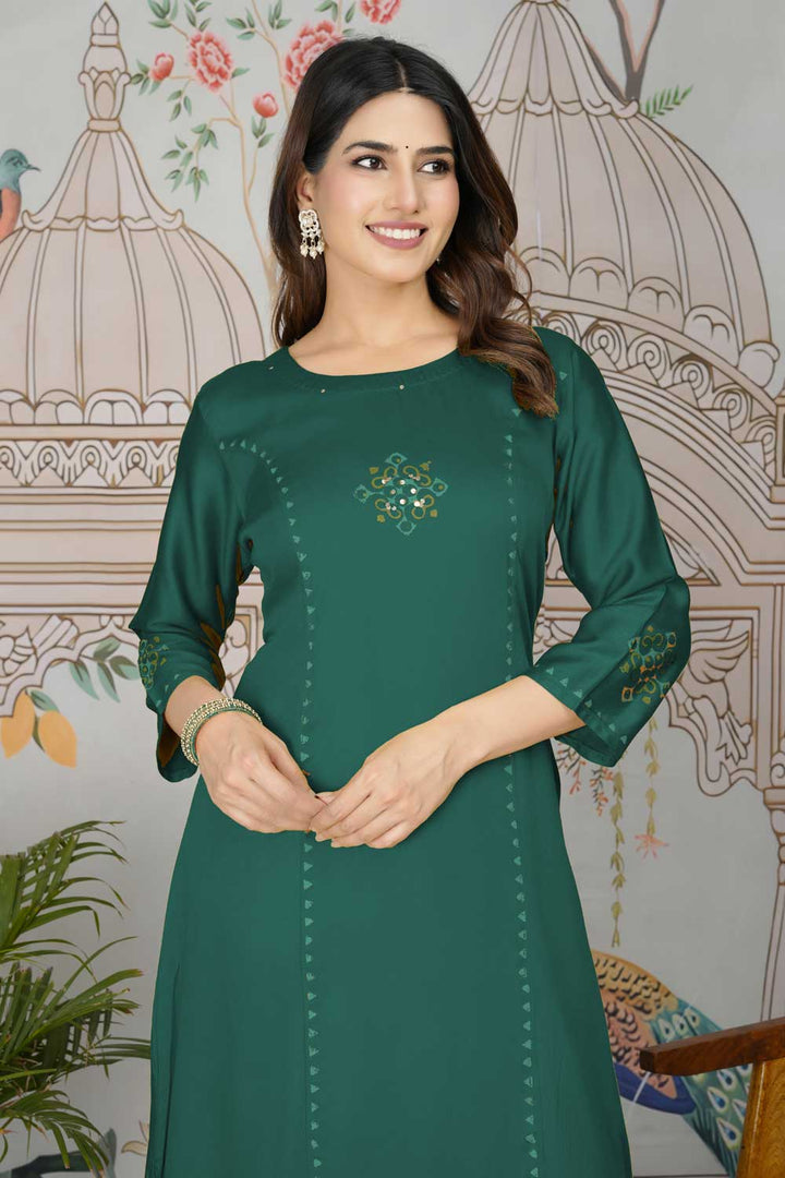 Green Color Gaji Silk Fabric Beauteous Readymade Pocket Inside Kurti Bottom Set