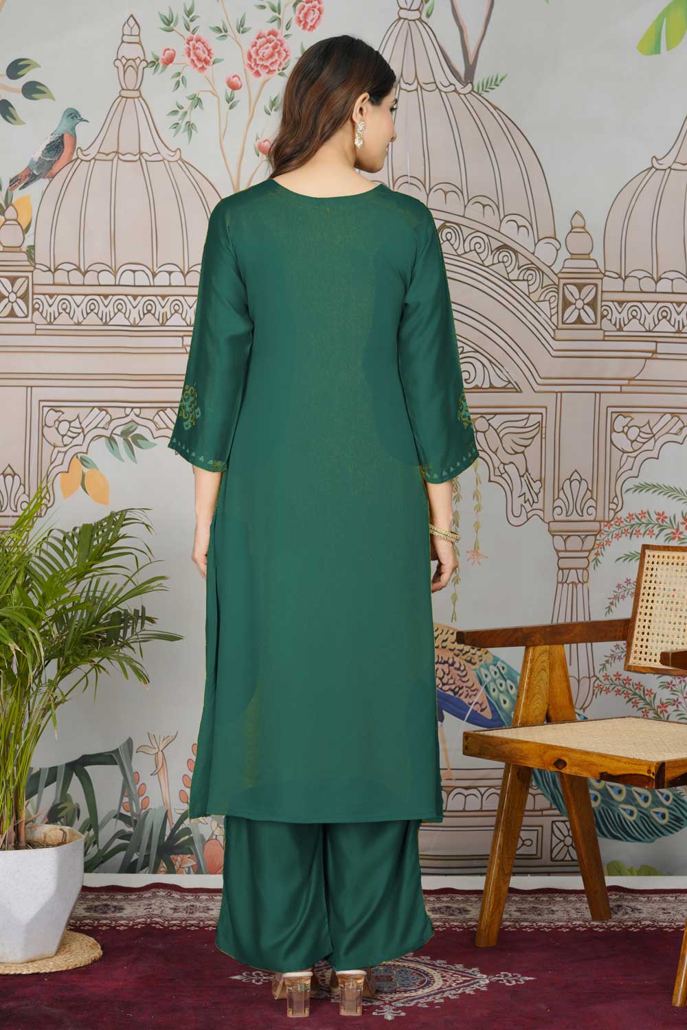 Green Color Gaji Silk Fabric Beauteous Readymade Pocket Inside Kurti Bottom Set