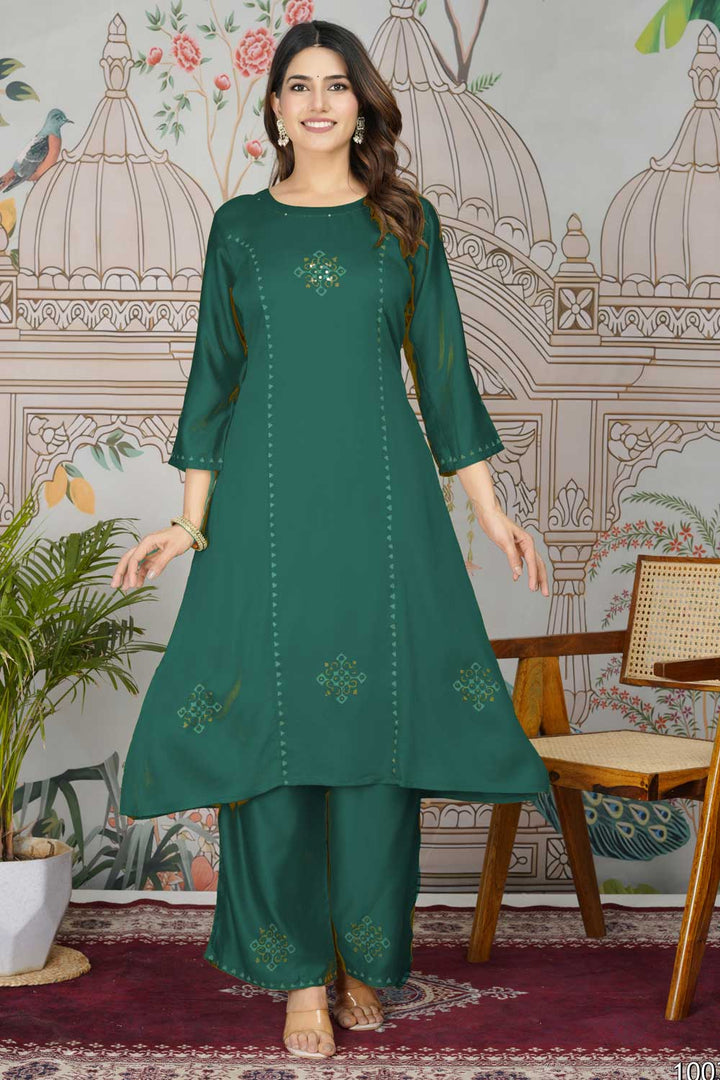 Green Color Gaji Silk Fabric Beauteous Readymade Pocket Inside Kurti Bottom Set