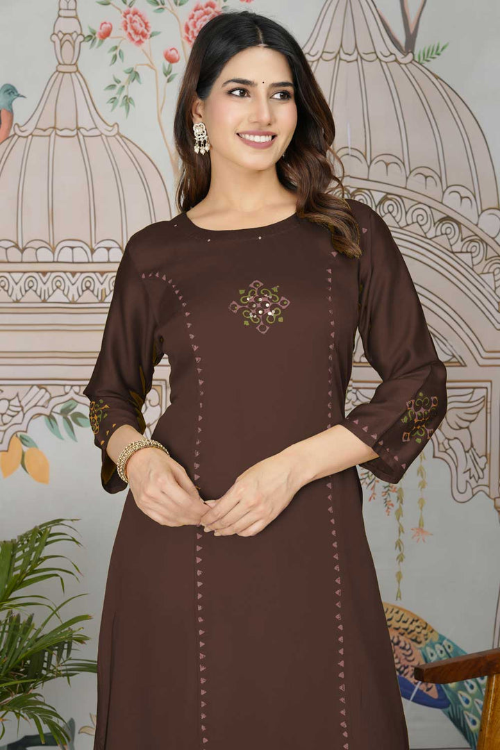 Gaji Silk Fabric Brown Color Trendy Readymade Pocket Inside Kurti Bottom Set