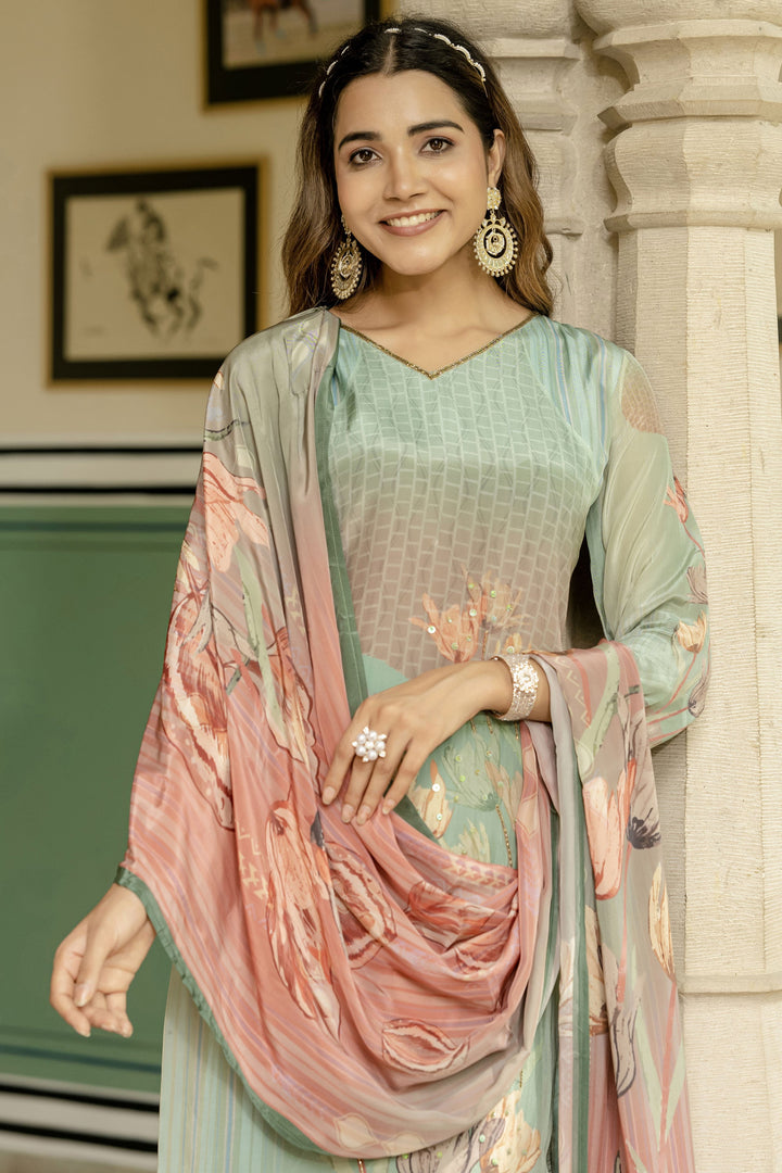 Sea Green Color Gorgeous Readymade Salwar Suit In Fancy Fabric