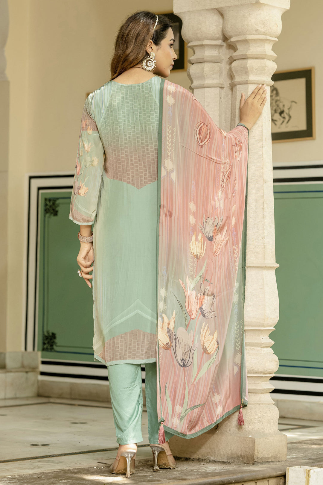 Sea Green Color Gorgeous Readymade Salwar Suit In Fancy Fabric