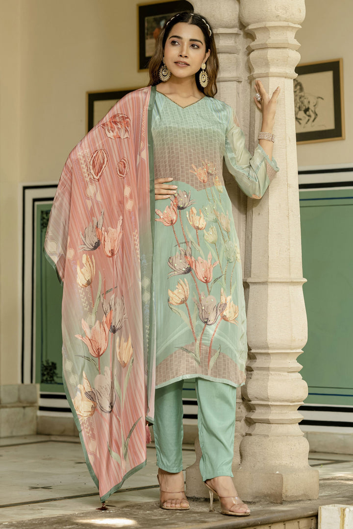 Sea Green Color Gorgeous Readymade Salwar Suit In Fancy Fabric