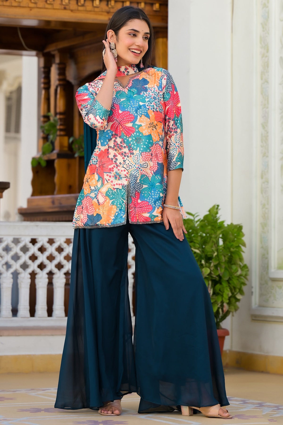 Multi Color Satin Fabric Charming Readymade Palazzo Suit