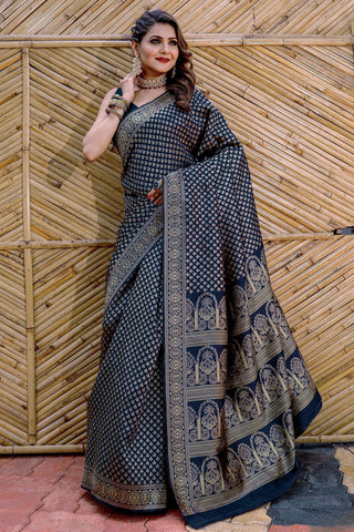 Tempting Banarasi Silk Navy Blue Color Saree With Weaving Work