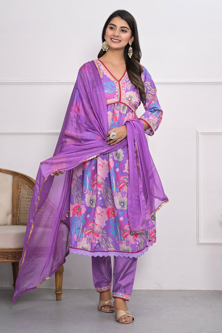 Incredible Muslin Silk Fabric Lavender Color Readymade Salwar Suit