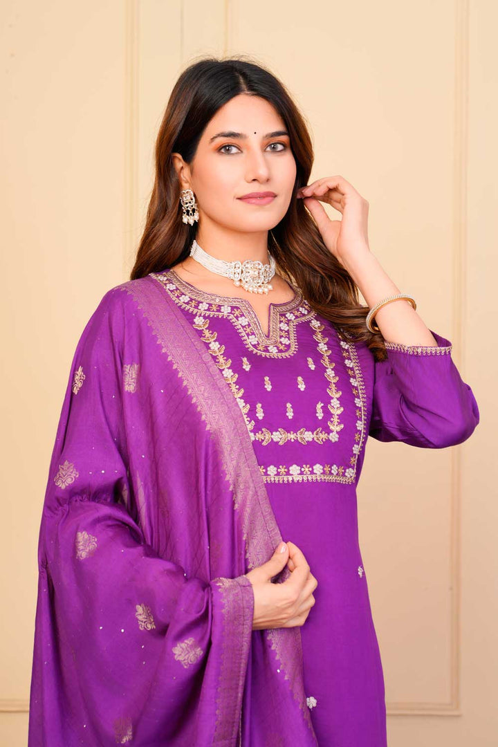 Purple Color Viscose Fabric Coveted Readymade Embroidered Salwar Suit