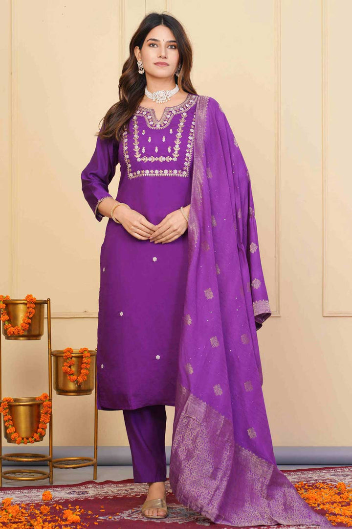 Purple Color Viscose Fabric Coveted Readymade Embroidered Salwar Suit