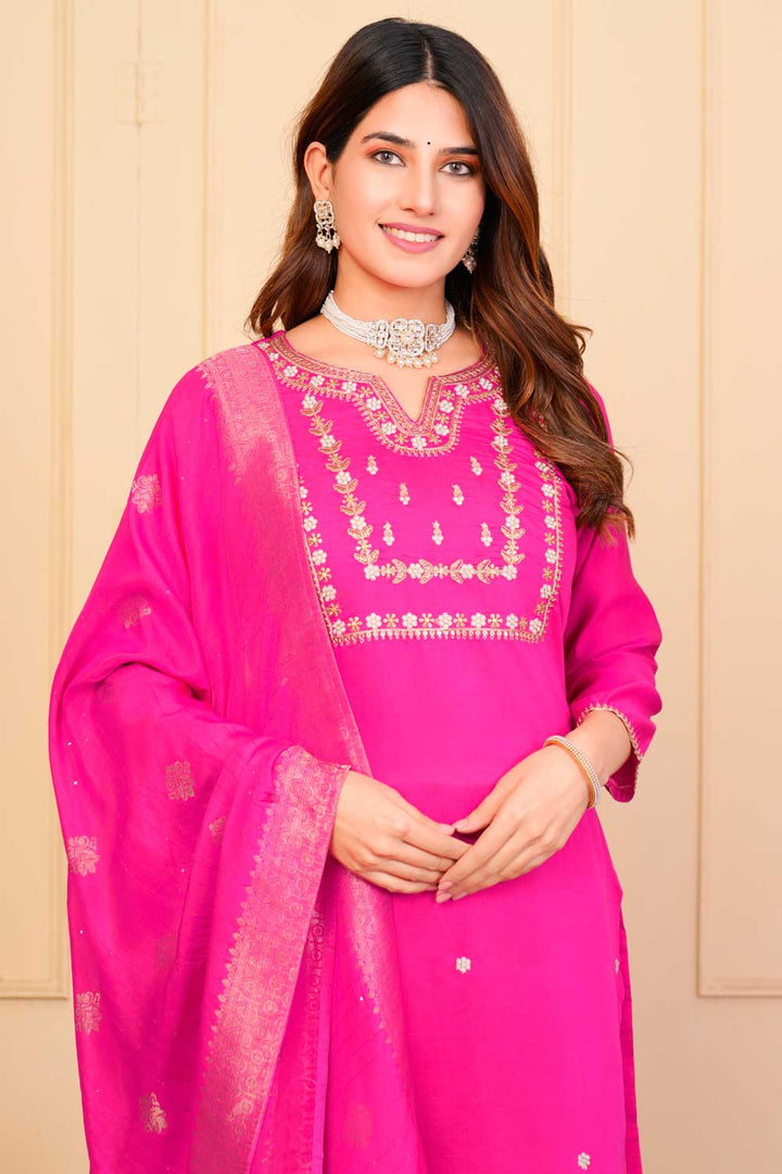 Viscose Fabric Pink Color Riveting Readymade Embroidered Salwar Suit