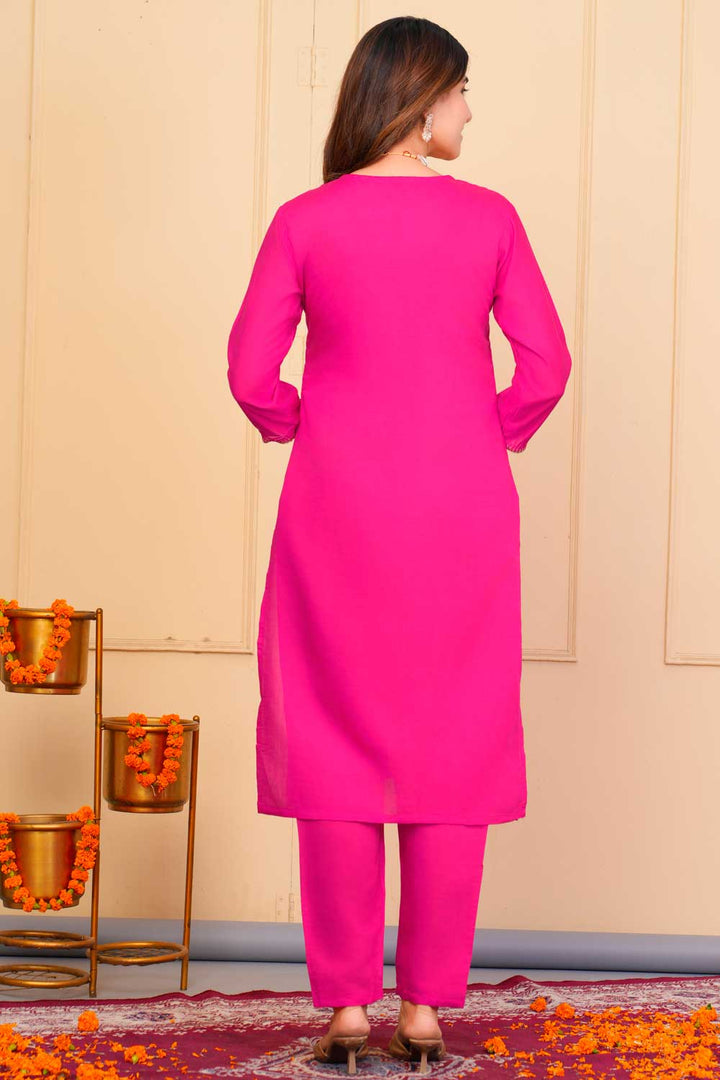 Viscose Fabric Pink Color Riveting Readymade Embroidered Salwar Suit