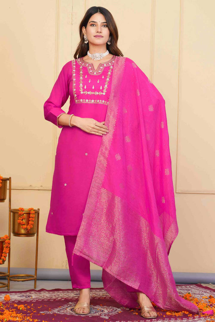 Viscose Fabric Pink Color Riveting Readymade Embroidered Salwar Suit