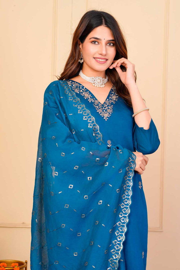 Viscose Fabric Teal Color Excellent Readymade Embroidered Salwar Suit