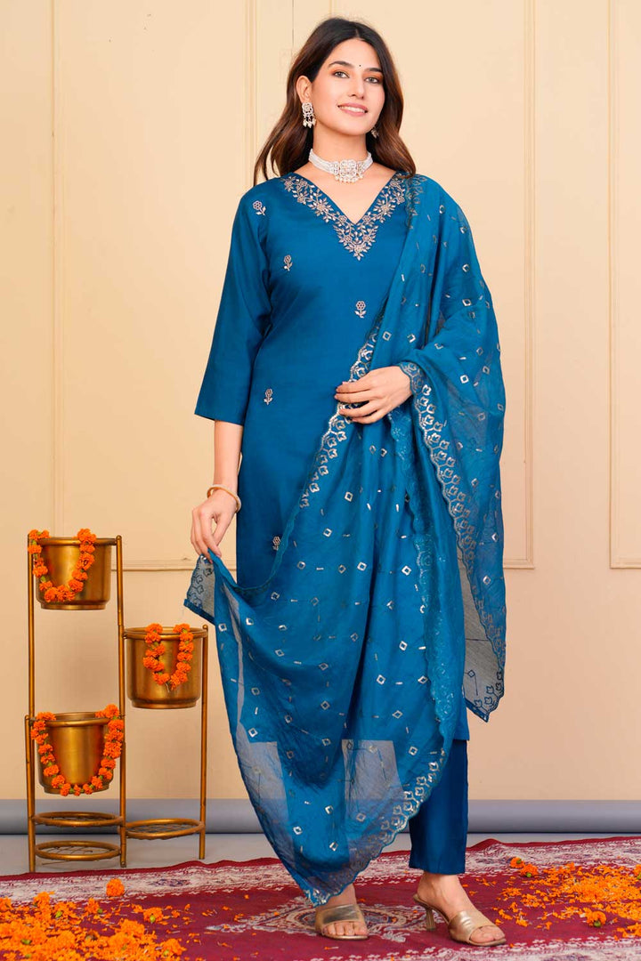 Viscose Fabric Teal Color Excellent Readymade Embroidered Salwar Suit