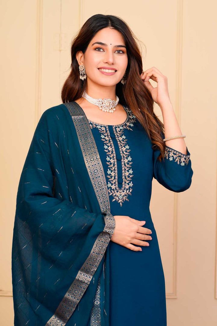 Viscose Fabric Blue Color Patterned Readymade Embroidered Salwar Suit