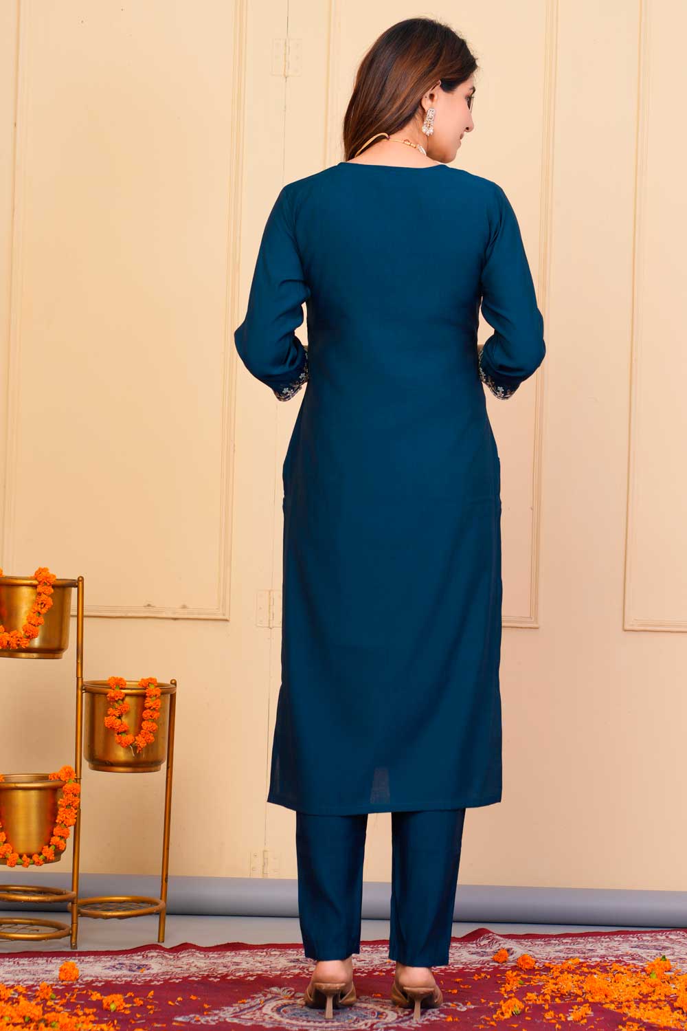 Viscose Fabric Blue Color Patterned Readymade Embroidered Salwar Suit