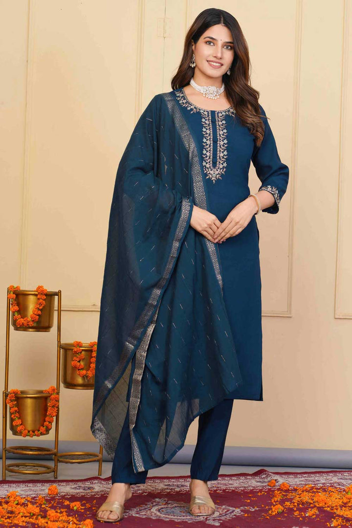 Viscose Fabric Blue Color Patterned Readymade Embroidered Salwar Suit