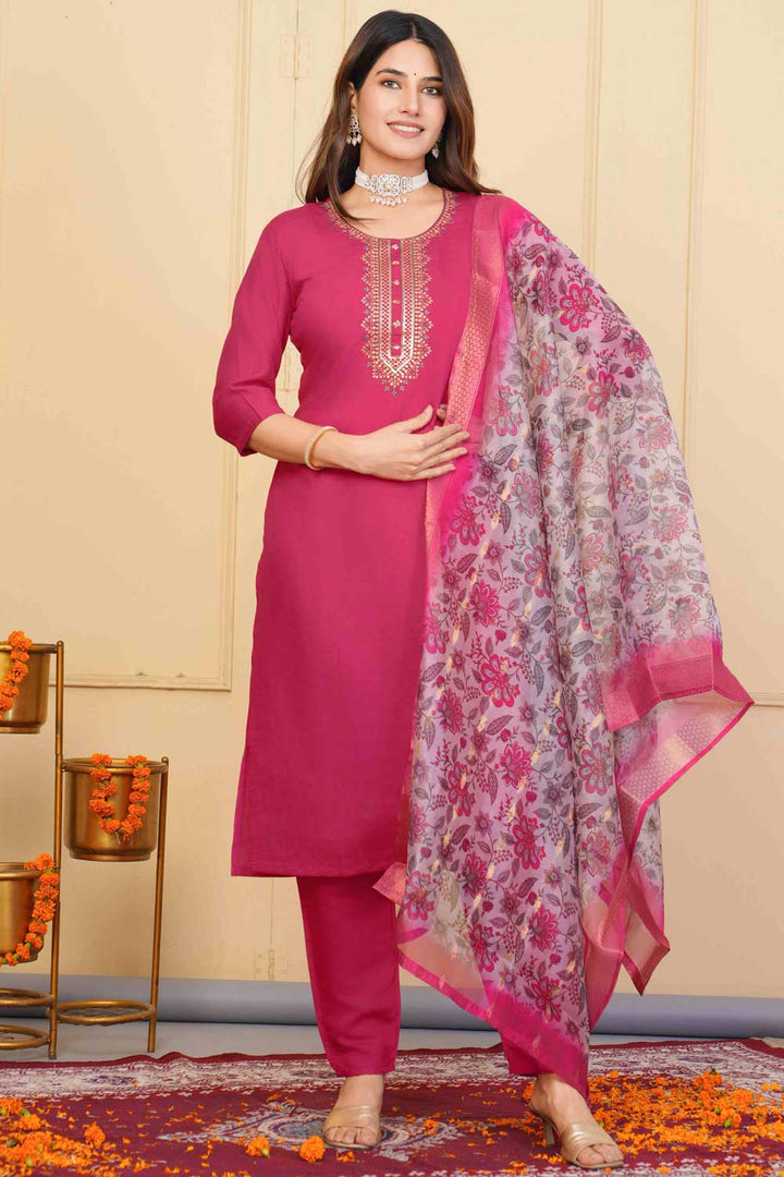 Red Color Viscose Fabric Engaging Readymade Embroidered Salwar Suit