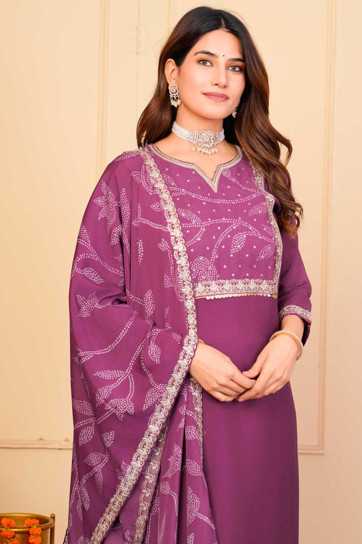 Wine Color Sober Readymade Embroidered Salwar Suit In Viscose Fabric