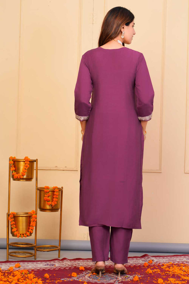 Wine Color Sober Readymade Embroidered Salwar Suit In Viscose Fabric