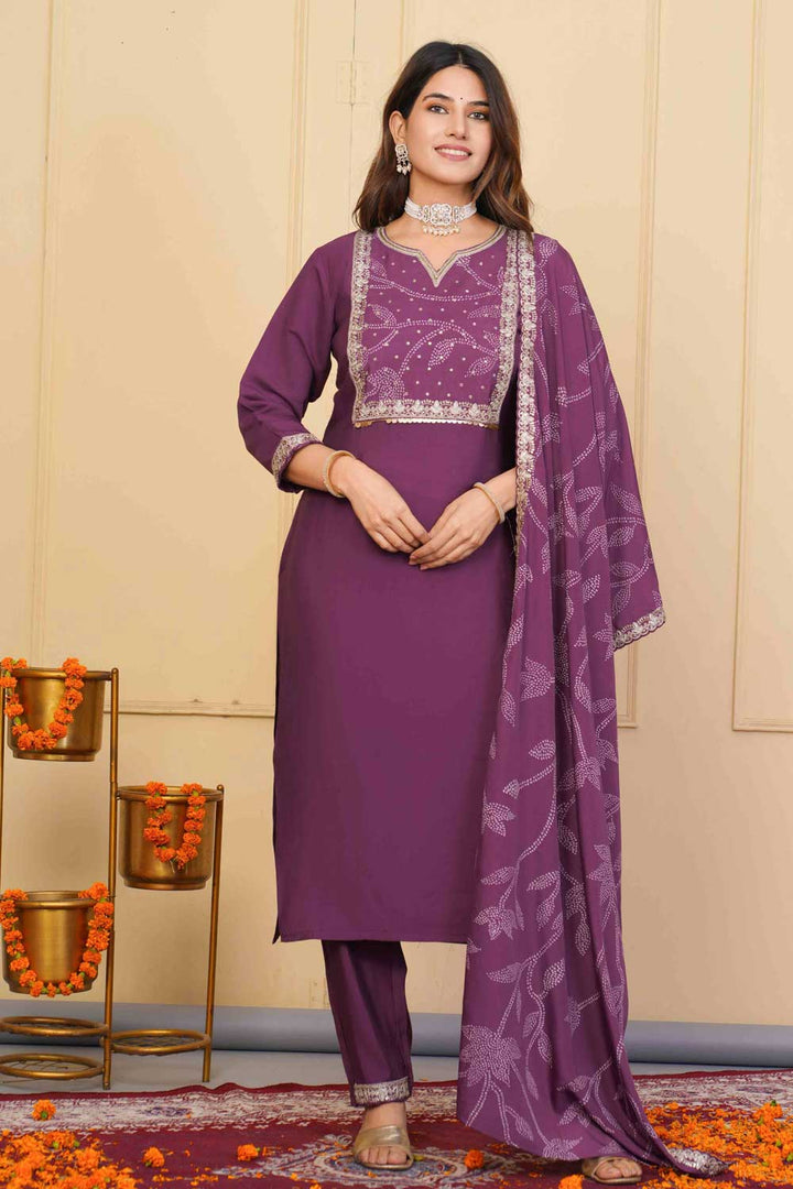 Wine Color Sober Readymade Embroidered Salwar Suit In Viscose Fabric