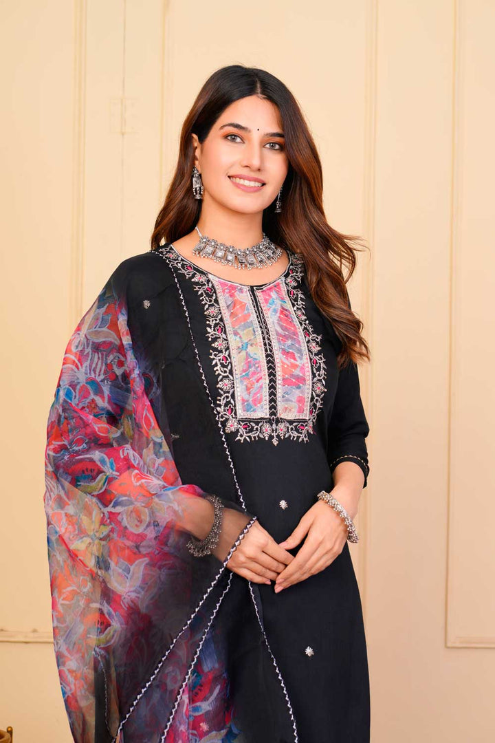 Creative Black Color Rayon Fabric Readymade Embroidered Salwar Suit