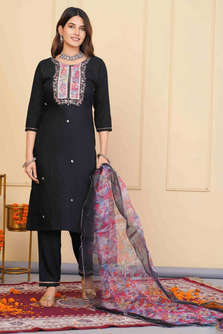 Creative Black Color Rayon Fabric Readymade Embroidered Salwar Suit