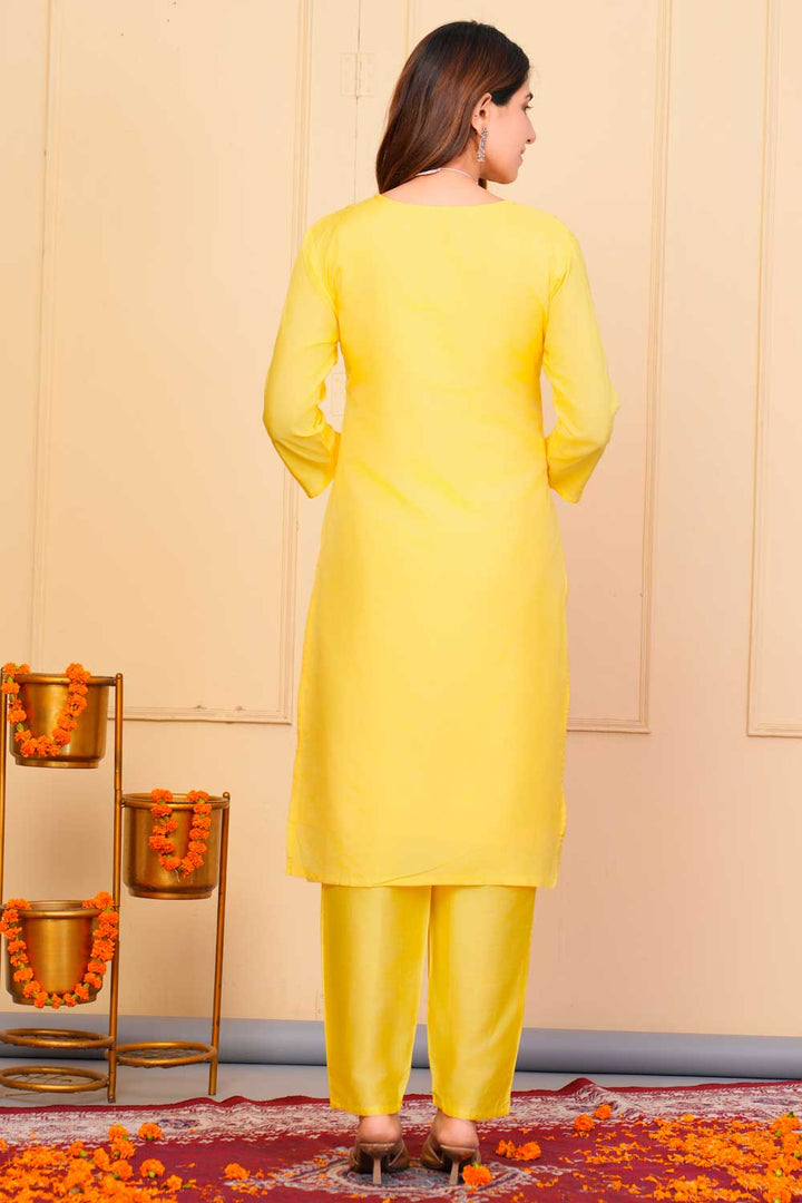 Excellent Viscose Fabric Yellow Color Readymade Embroidered Salwar Suit