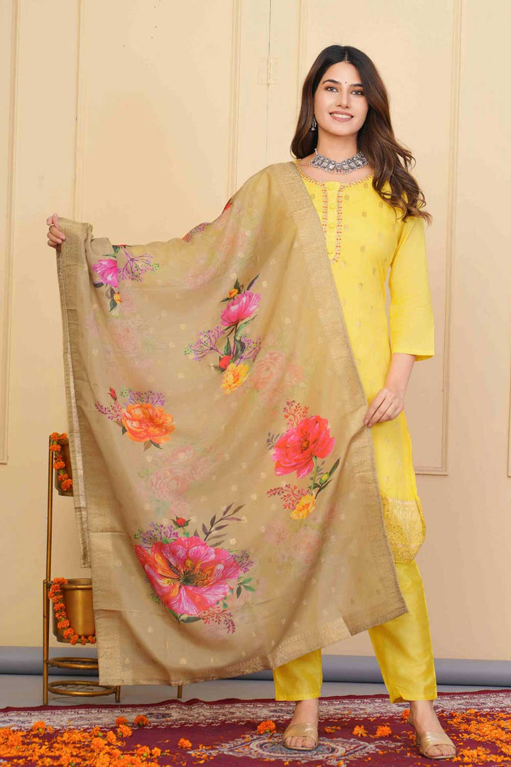 Excellent Viscose Fabric Yellow Color Readymade Embroidered Salwar Suit