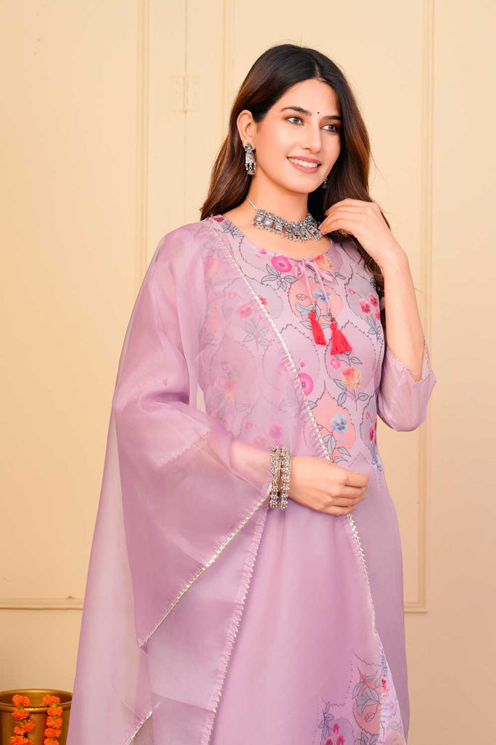 Lavender Color Organza Fabric Stunning Readymade Embroidered Salwar Suit