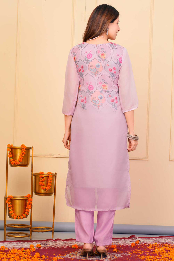 Lavender Color Organza Fabric Stunning Readymade Embroidered Salwar Suit