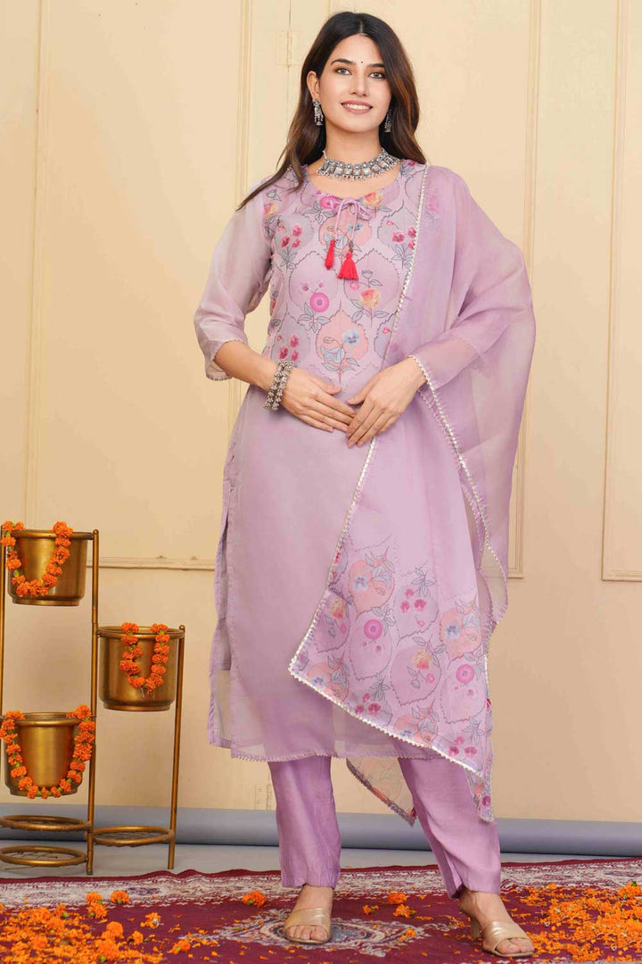 Lavender Color Organza Fabric Stunning Readymade Embroidered Salwar Suit