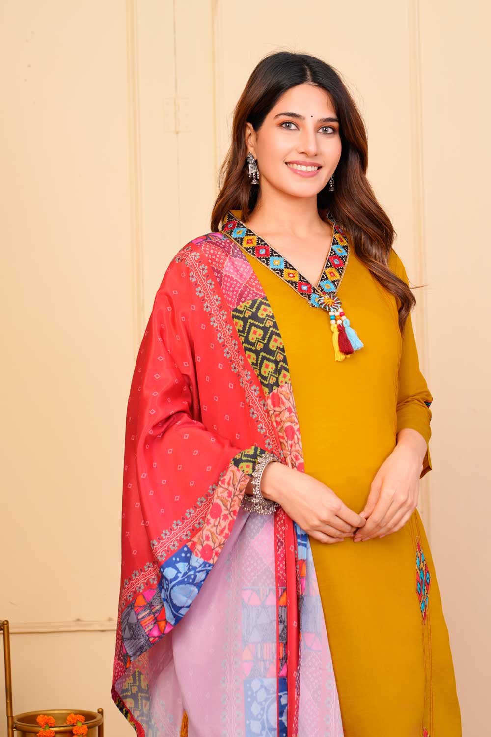 Beguiling Mustard Color Viscose Fabric Readymade Embroidered Salwar Suit