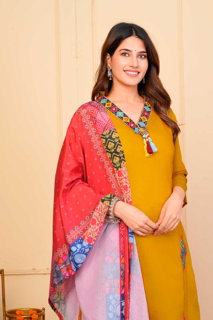 Beguiling Mustard Color Viscose Fabric Readymade Embroidered Salwar Suit