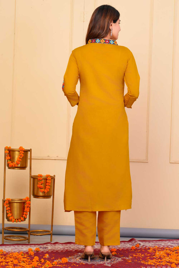 Beguiling Mustard Color Viscose Fabric Readymade Embroidered Salwar Suit