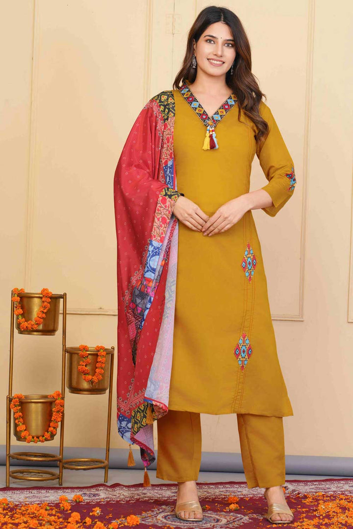 Beguiling Mustard Color Viscose Fabric Readymade Embroidered Salwar Suit