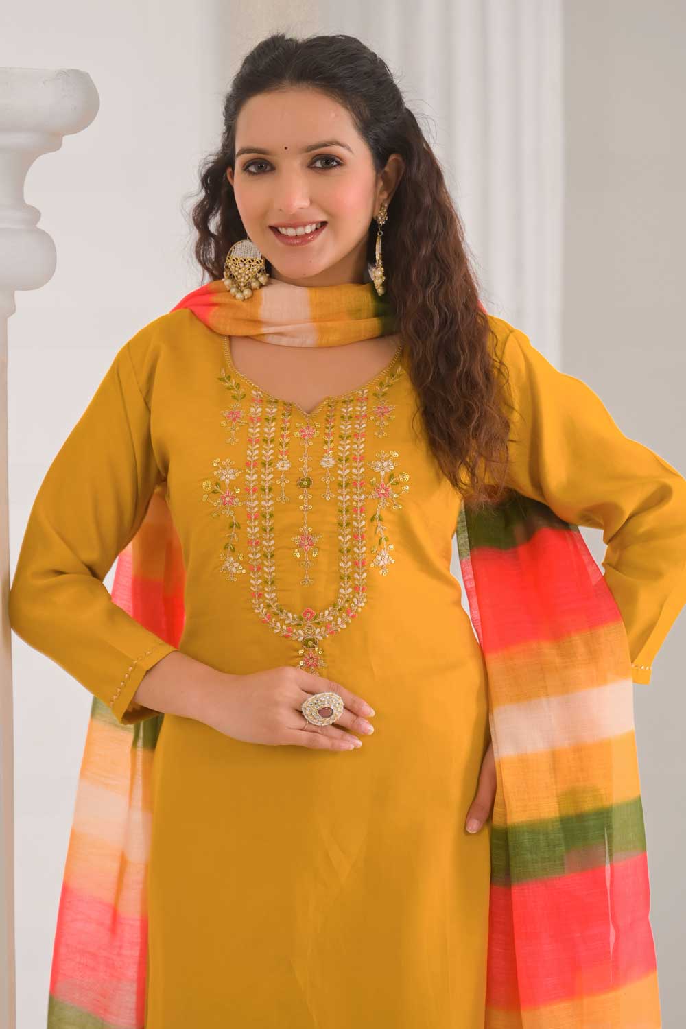 Tempting Viscose Fabric Yellow Color Readymade Salwar Suit