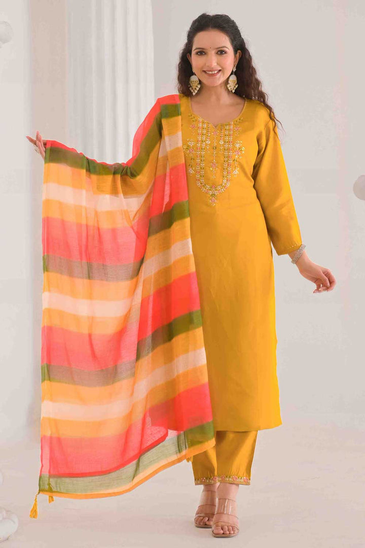Tempting Viscose Fabric Yellow Color Readymade Salwar Suit