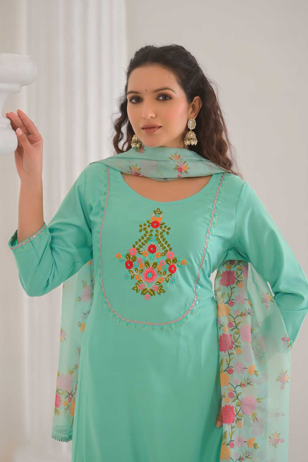 Engaging Sea Green Color Rayon Fabric Readymade Salwar Suit