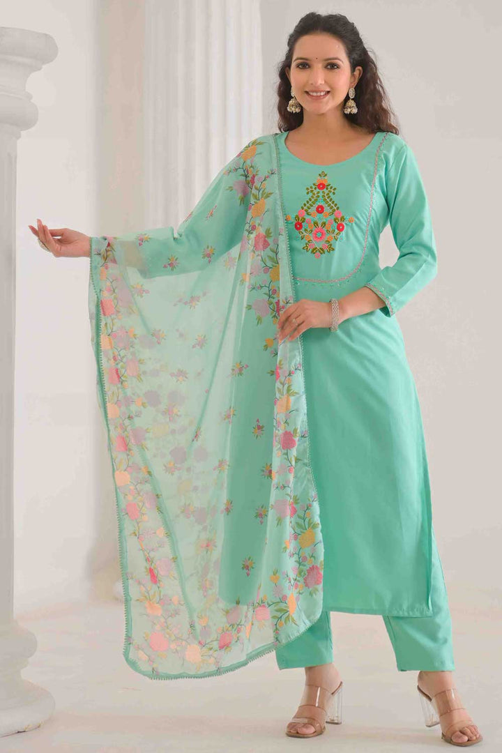 Engaging Sea Green Color Rayon Fabric Readymade Salwar Suit