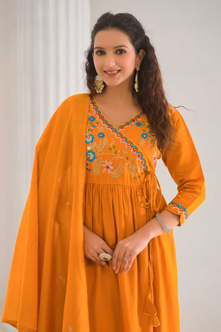 Trendy Viscose Fabric Orange Color Readymade Salwar Suit