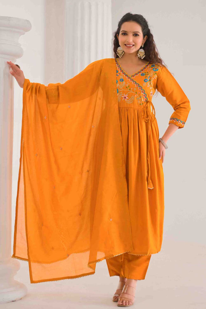 Trendy Viscose Fabric Orange Color Readymade Salwar Suit