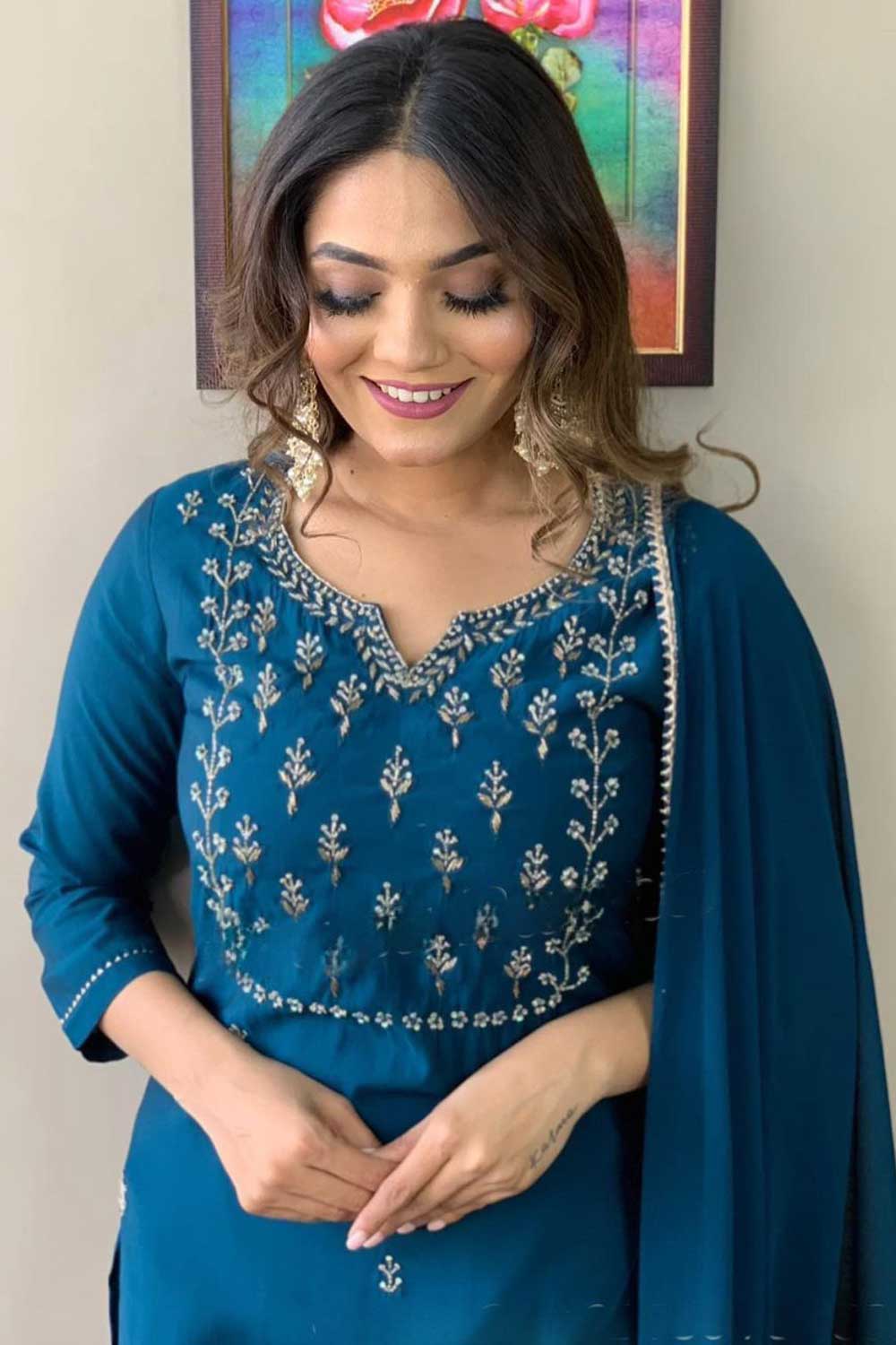 Graceful Rayon Fabric Teal Color Readymade Salwar Suit