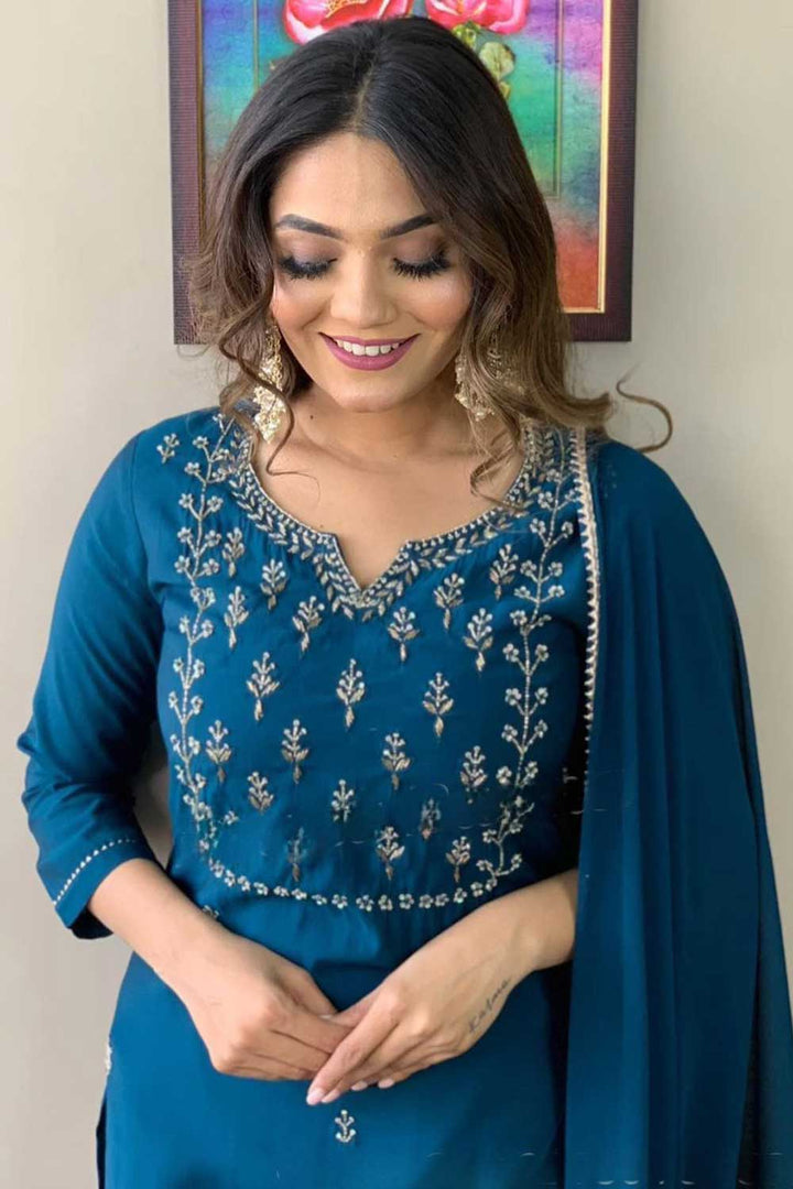Graceful Rayon Fabric Teal Color Readymade Salwar Suit
