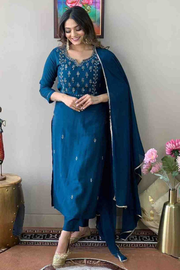 Graceful Rayon Fabric Teal Color Readymade Salwar Suit