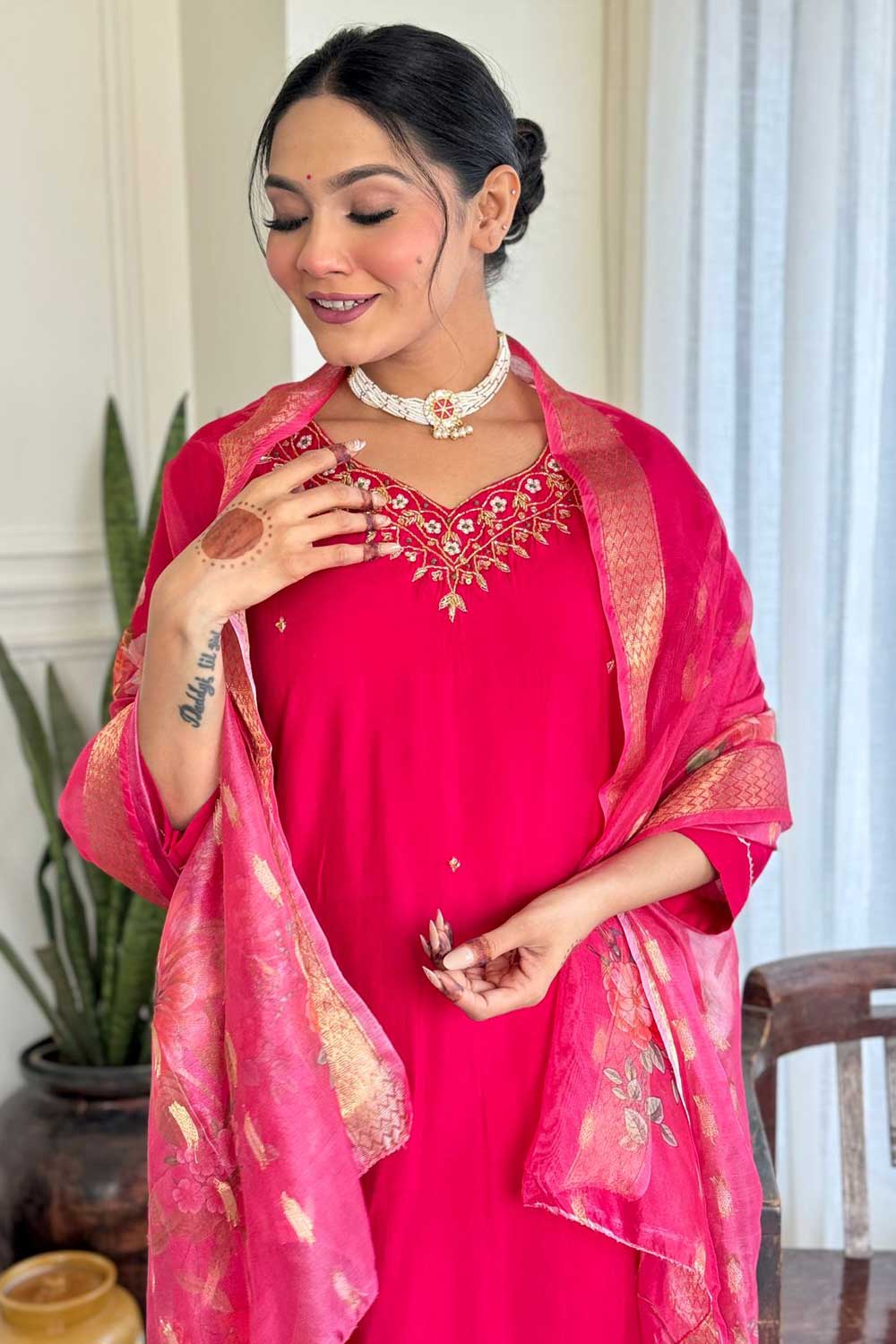 Tempting Viscose Fabric Rani Color Readymade Salwar Suit | Buy Online India