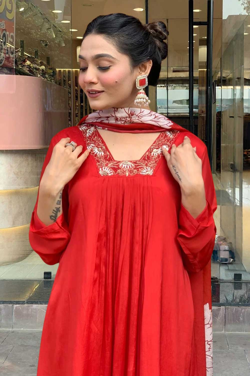 Engaging Red Color Rayon Fabric Readymade Salwar Suit | Buy Online India