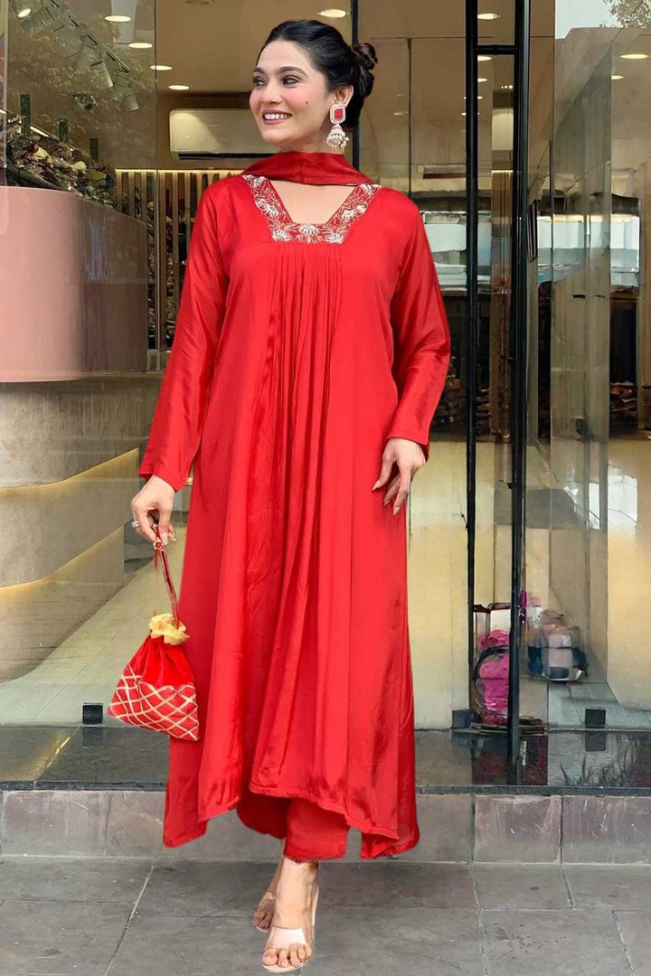 Engaging Red Color Rayon Fabric Readymade Salwar Suit | Buy Online India