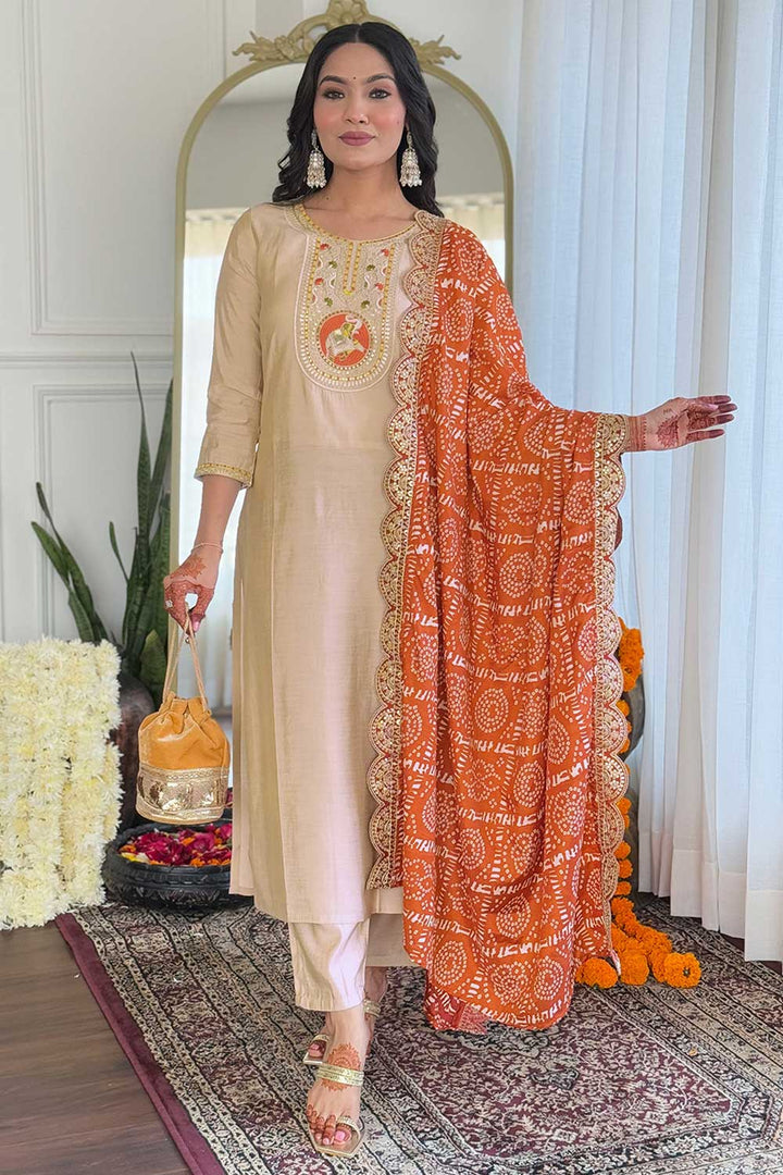 Soothing Beige Color Viscose Fabric Readymade Salwar Suit