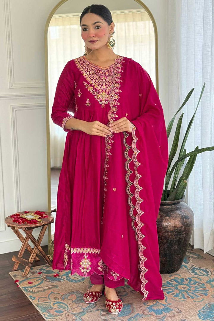 Vichitra Silk Fabric Magenta Color Gorgeous Readymade Salwar Suit